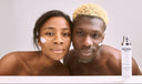 Two people with PEXIN skincare product on a white background